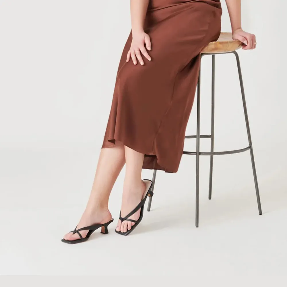 YDN Vegan Leather Open Square Toe Slip-On Black Heels Sandals
