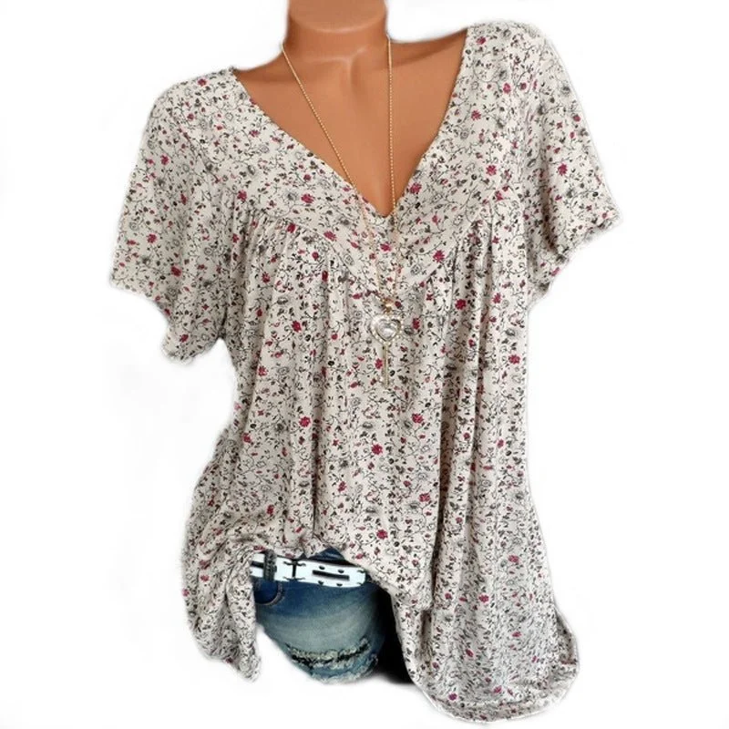  Summer V-neck Loose Short sleeve Print Casual Women's T shirt - Buy 4 free shipping