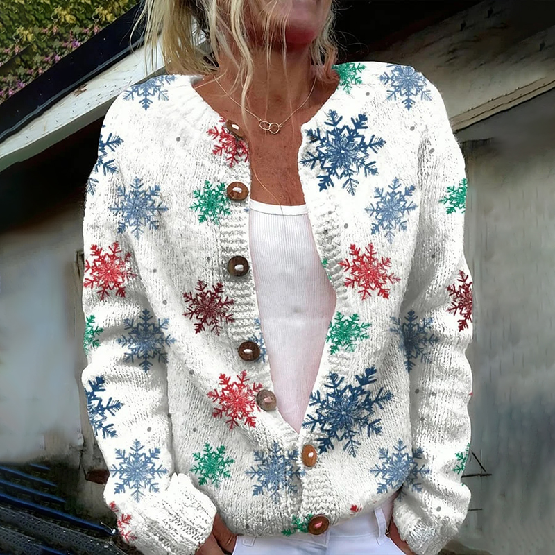 Women's Christmas Snowflake Print Cozy Knit Sewater Cardigan elevenforest