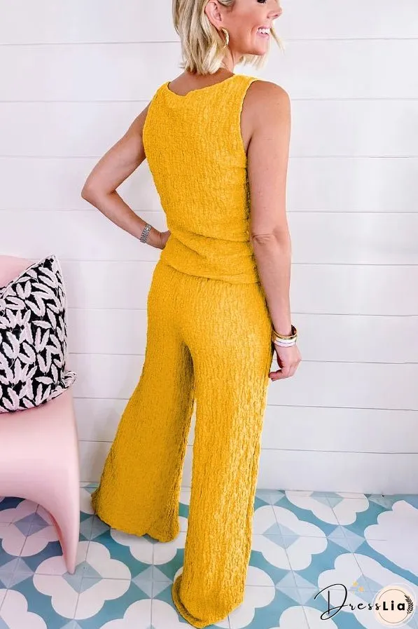 Yellow Crinkled U Neck Tank and Wide Leg Pants Set
