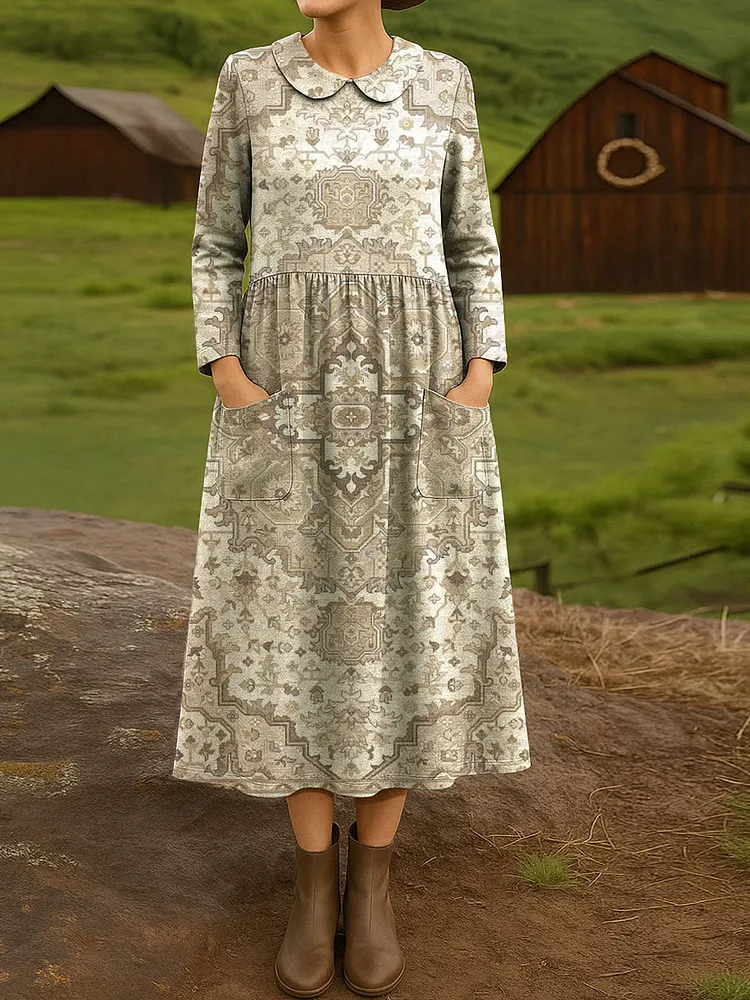 Women's Vintage Flower Art Print Cotton Lapel Button-Down Shirt Dress
