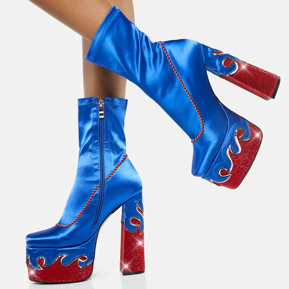 Blue Platform Chunky High Heel Square Toe Ankle Boots
