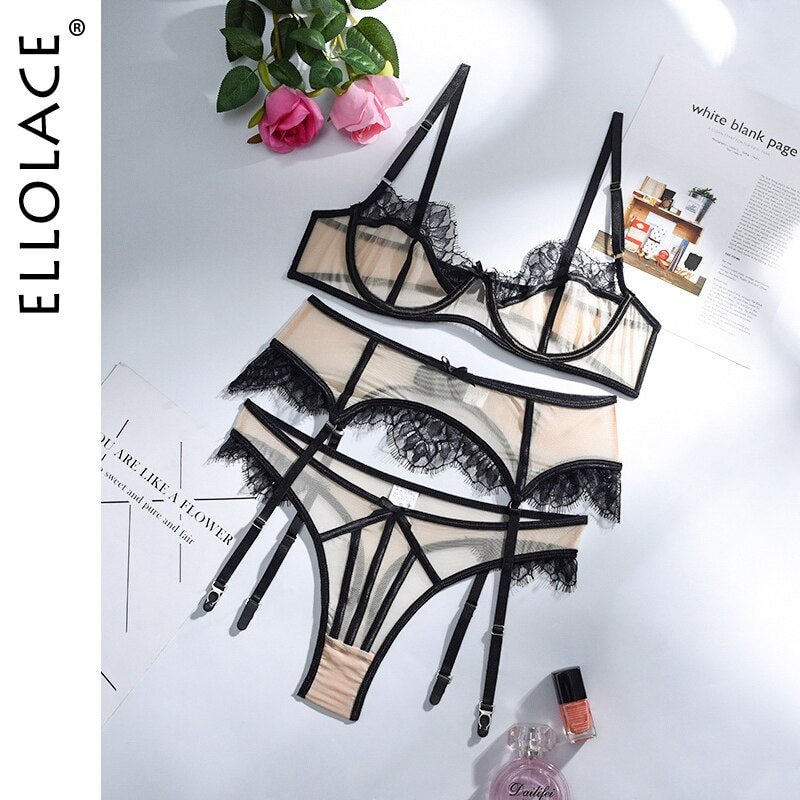 Ellolace Sexy Sensual Lingerie 3 Piece Transparent Patchwork Lace Underwear Push up Underwire Bra Set Lace Exotic Intimate