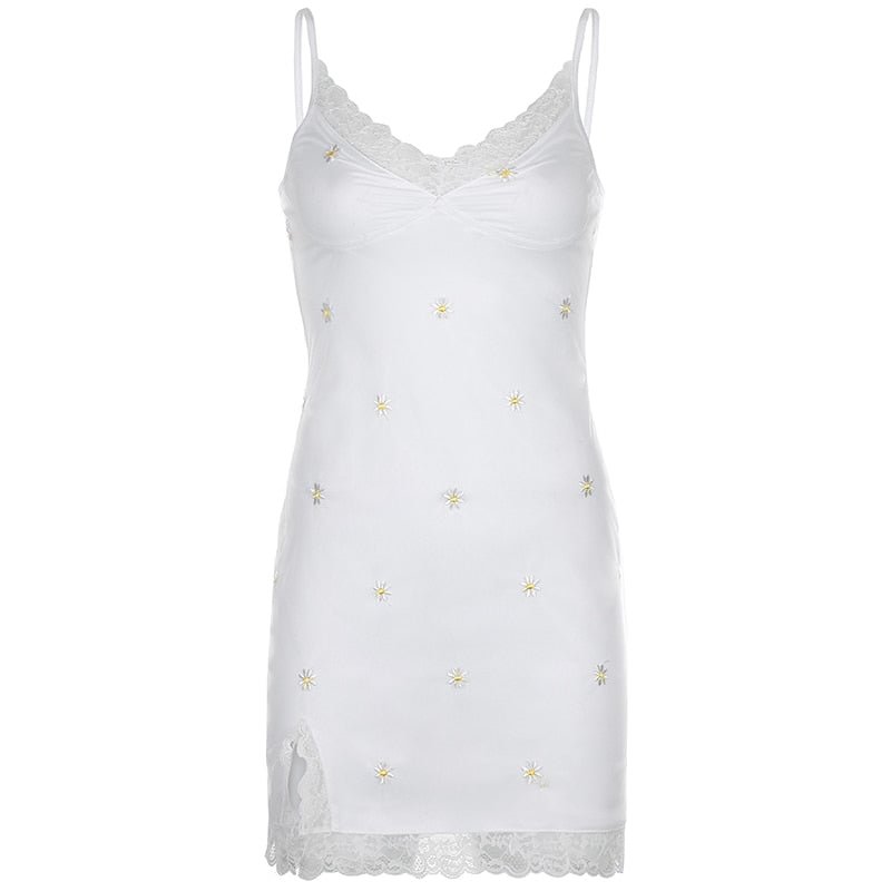 HEYounGIRL 90s Print Embroidery Lace Sexy Bodycon Dress Split Summer Mini Dresses Ladies Embroidery Sleeveless Short Dress