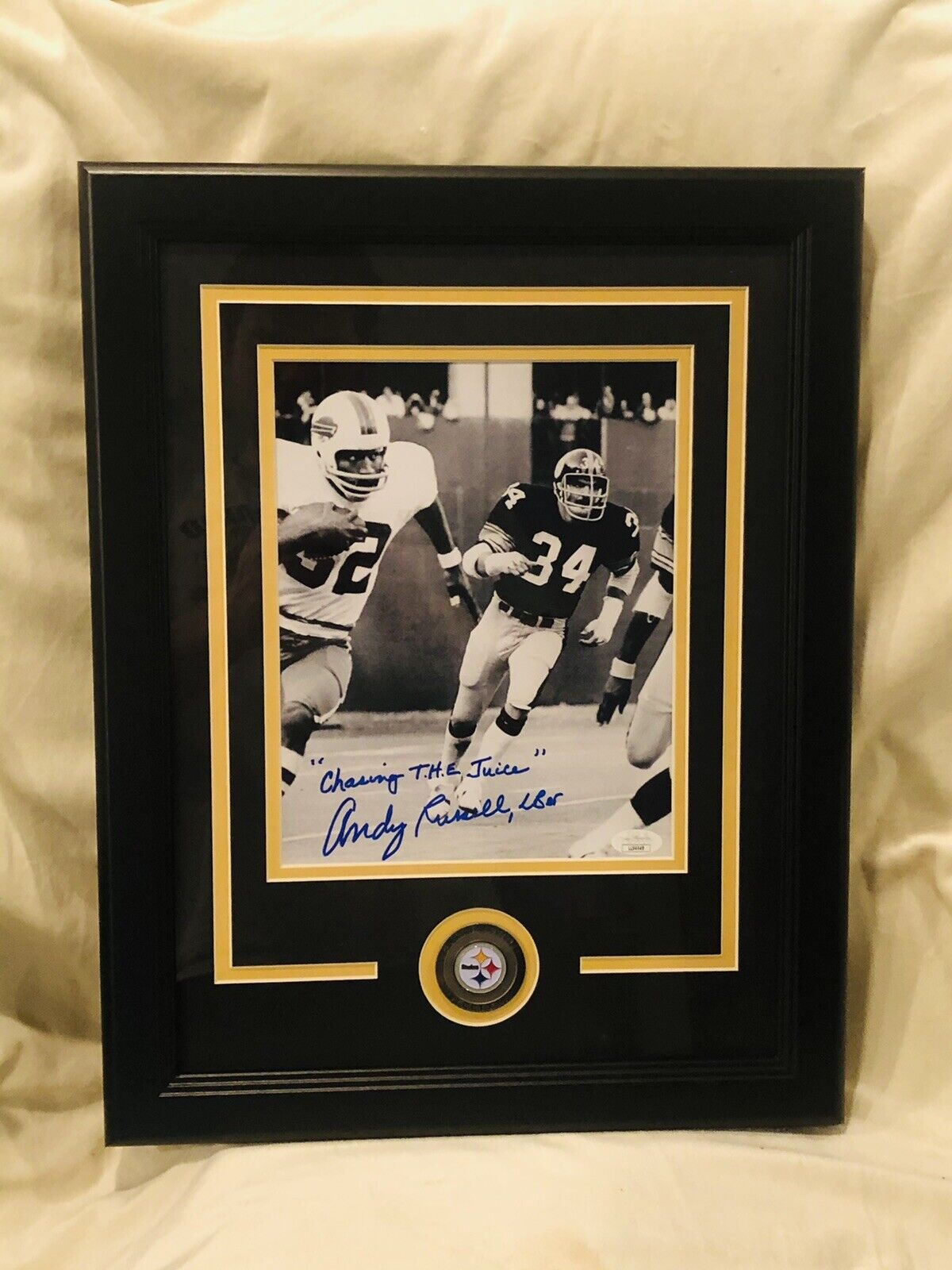 Andy Russell PITTSBURGH Steelers Signed Framed Chasing OJ Simpson 8x10 Photo Poster painting JSA