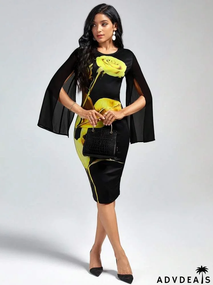 Floral Print Split Sleeve Bodycon Dress