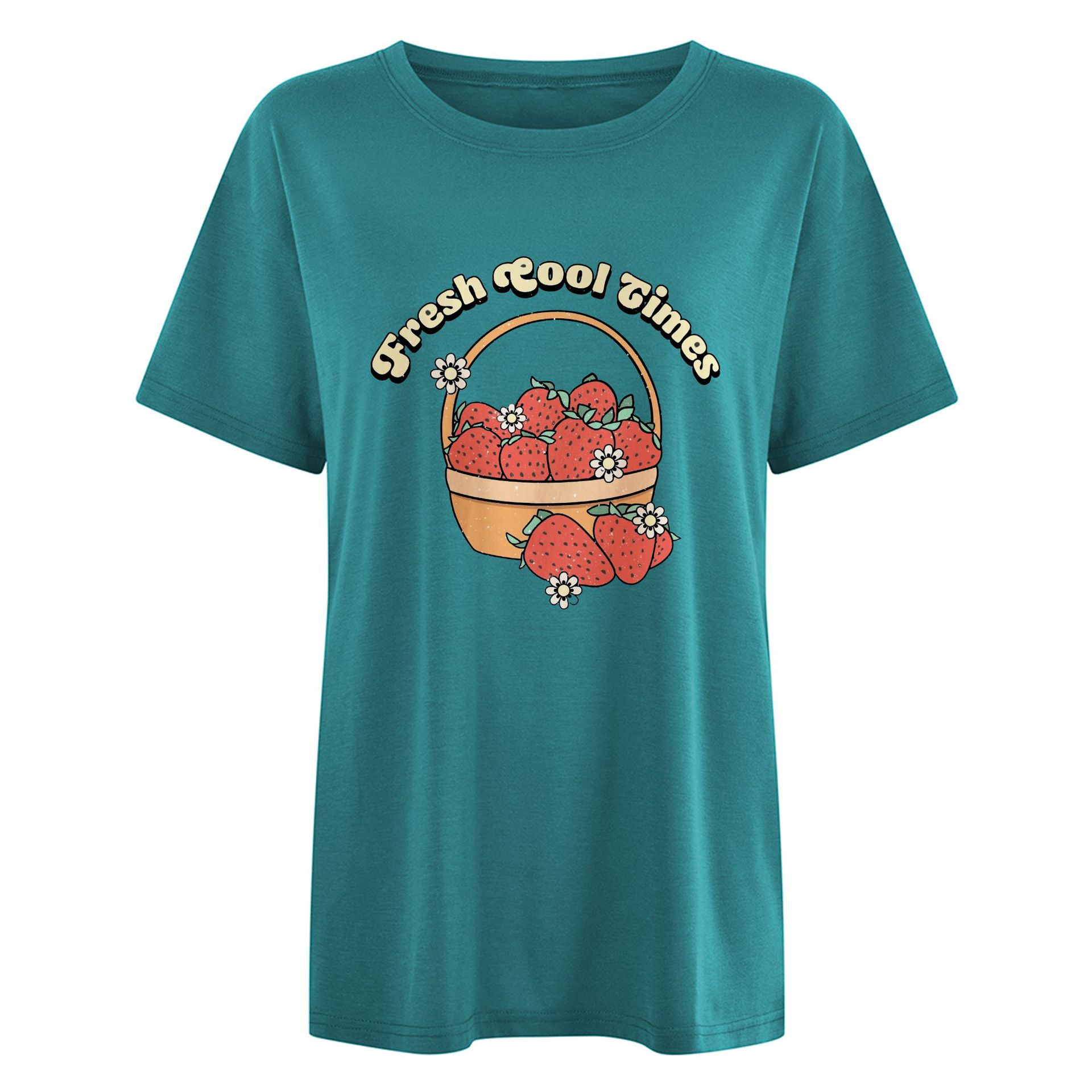 Girl Letter Strawberry Pattern Loose Short Sleeve T-shirt