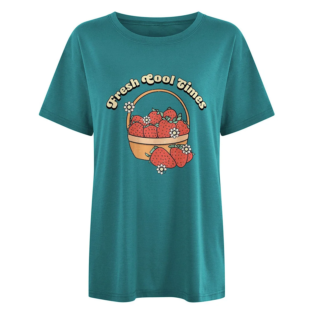 Girl Letter Strawberry Pattern Loose Short Sleeve T-shirt