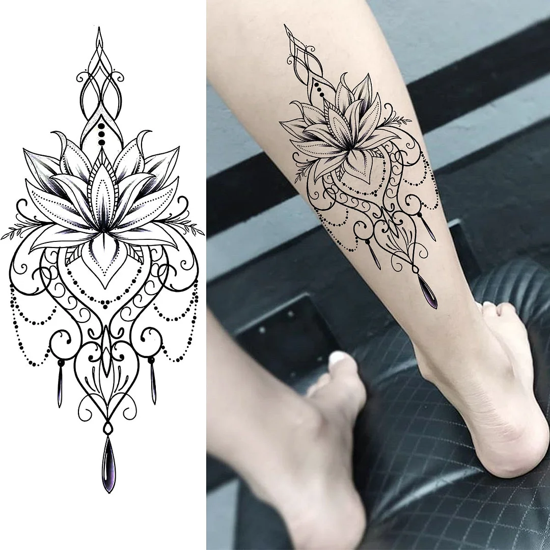 Black Lotus Pendant Temporary Tattoos For Women Adult Rose Flower Jewelry Fake Tattoo Fashion Calf Waterproof Half Sleeve Tatoos