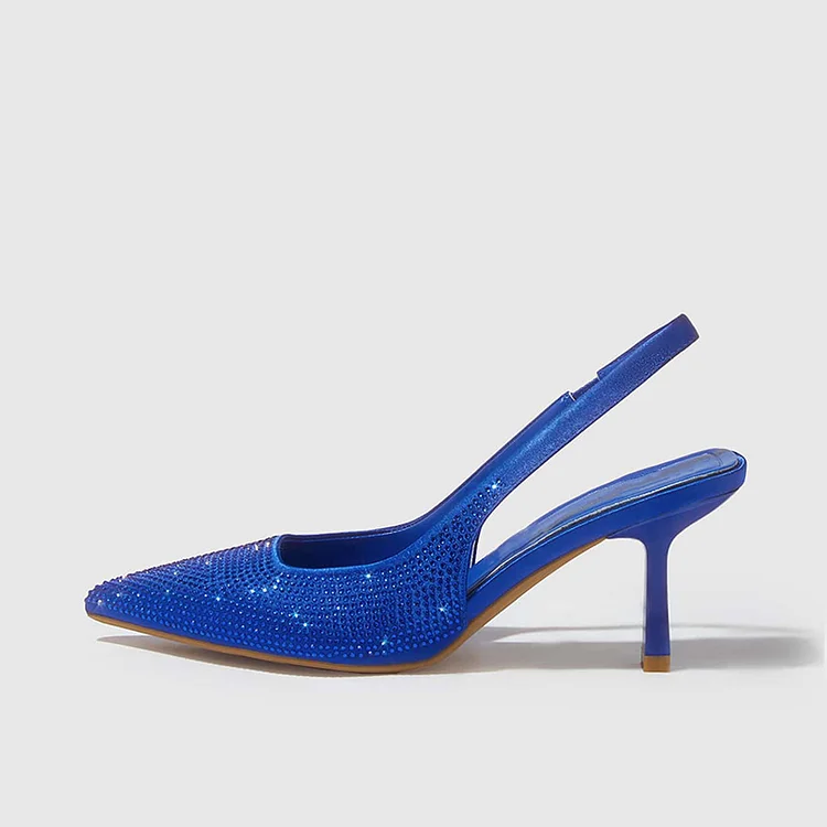 Royal Blue Rhinestones Kitten Heel Elegant Pointed Slingback Pumps Classy Party Shoes |FSJ Shoes