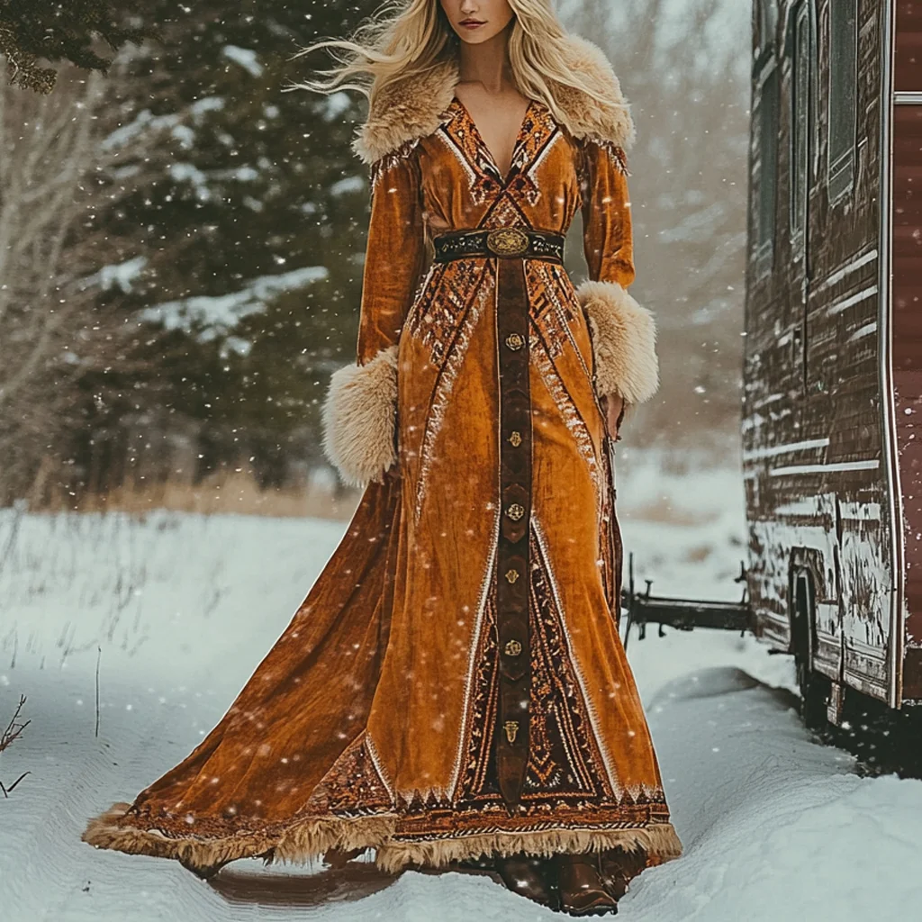 Western Velvet Vintage Ethnic Aztec Floral Flower Print Plush Warm Autumn And Winter Dress