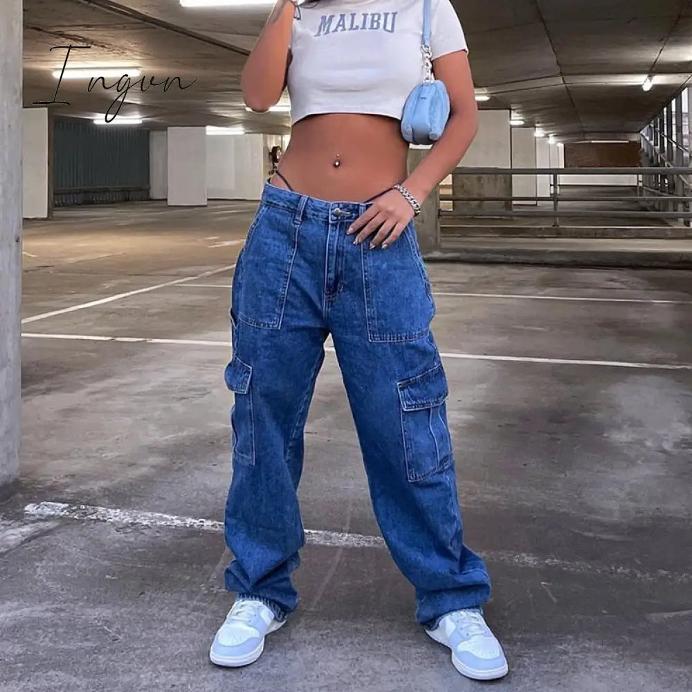 Ingvn - Y2K Cargo Pants Women’s Jeans New Fashion Baggy Denim Overalls 90S Low Rise Pocket