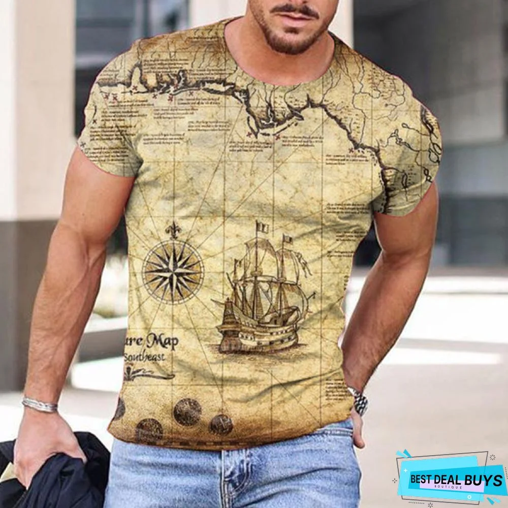 Trendy Men's Round Neck Slim Fit T-Shirt Personalized Map Print Short Sleeve