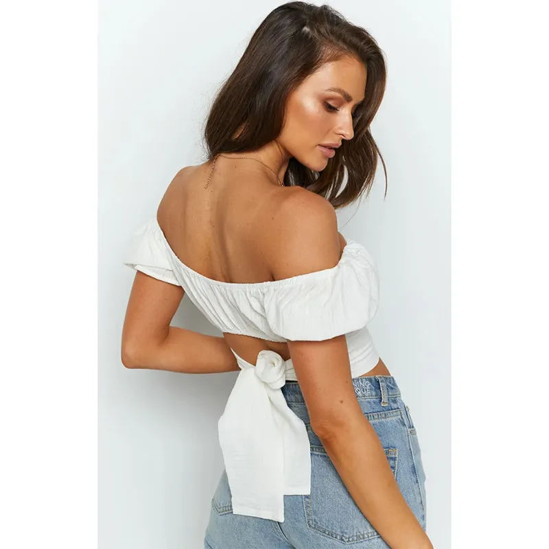 Bohemian Lantern Short-Sleeved Umbilical Straps Short-Shirts Pleated Solid Colors Small