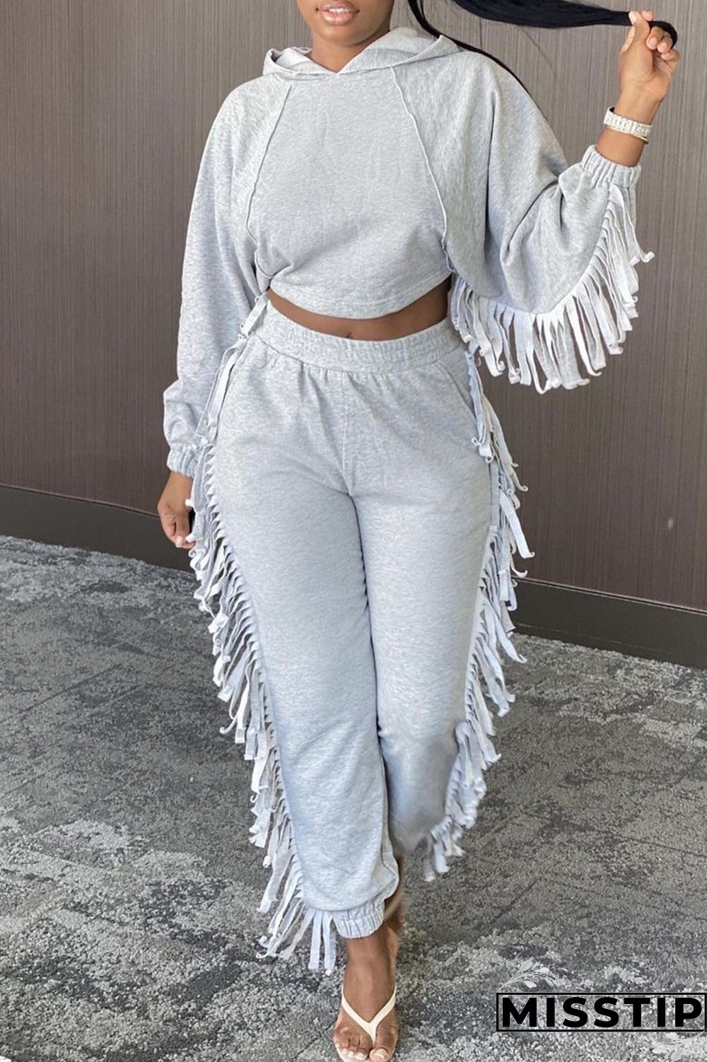 Black Fashion Casual Solid Tassel Hooded Collar Long Sleeve Two Pieces