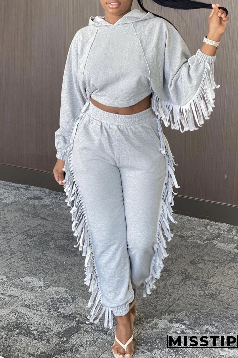 Black Fashion Casual Solid Tassel Hooded Collar Long Sleeve Two Pieces