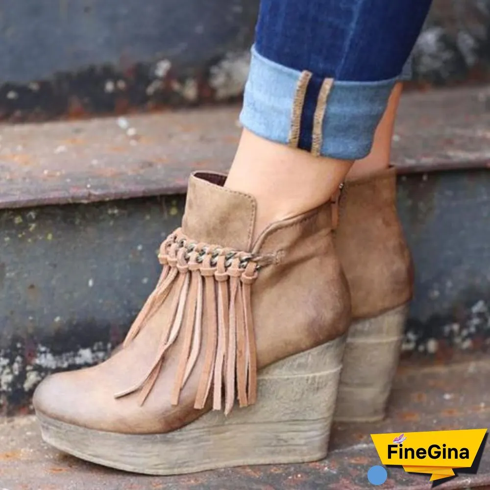 Wedge Booties Artificial Leather Tassel Boots Wedge Heel Zipper Shoes