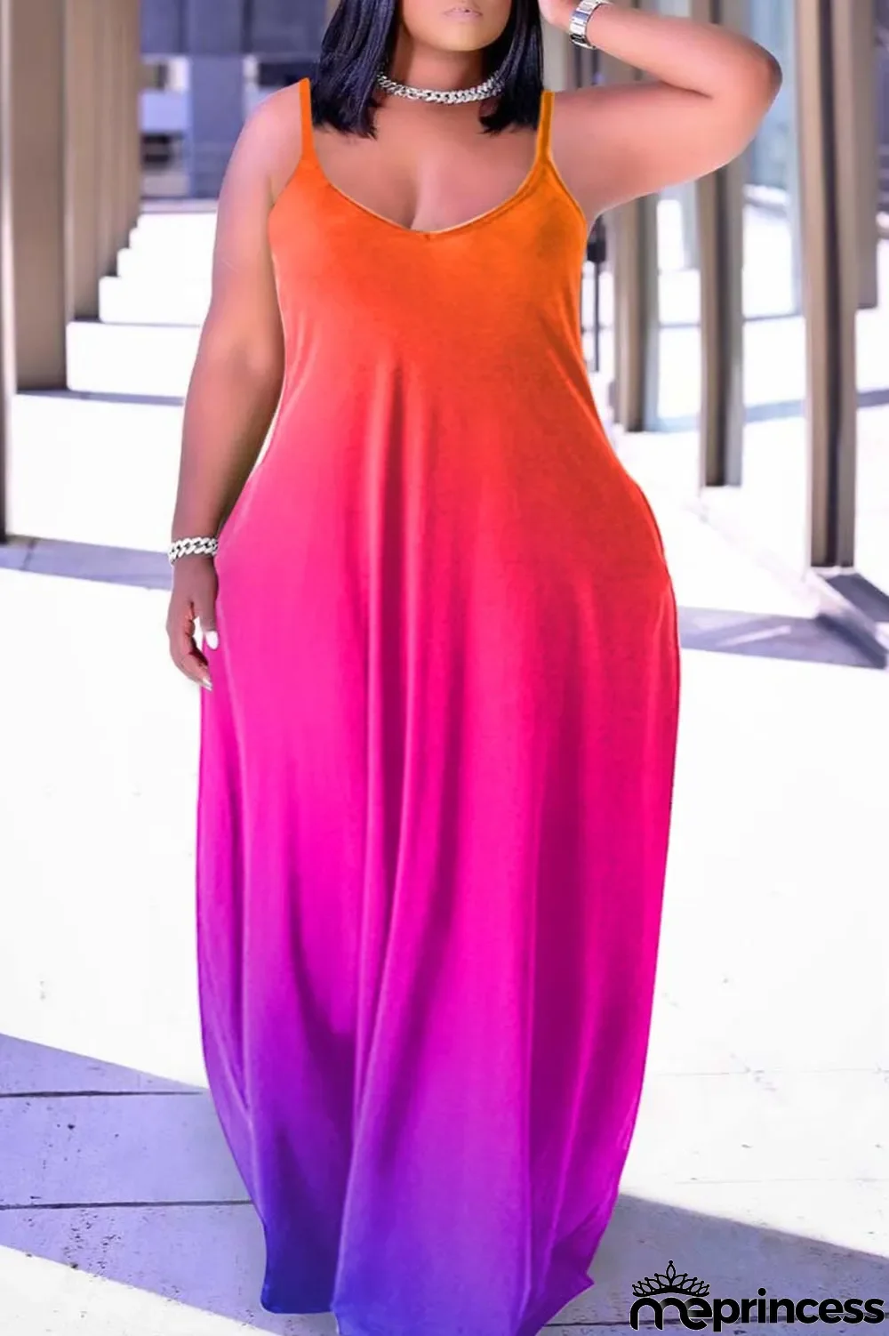 Dark Purple Sexy Casual Print Backless Spaghetti Strap Long Dress Dresses