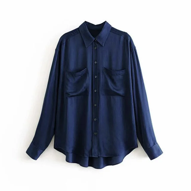 Women Vintage Satin Blouse Casual Solid Shirt 2019 Soft Turn Down Collar Office Shirt Long Sleeve Pocket Green Blouse Top Blusas