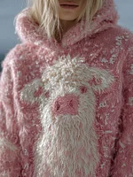 Cute Fuzzy Cow Embroidered Cozy Hooded Sweater