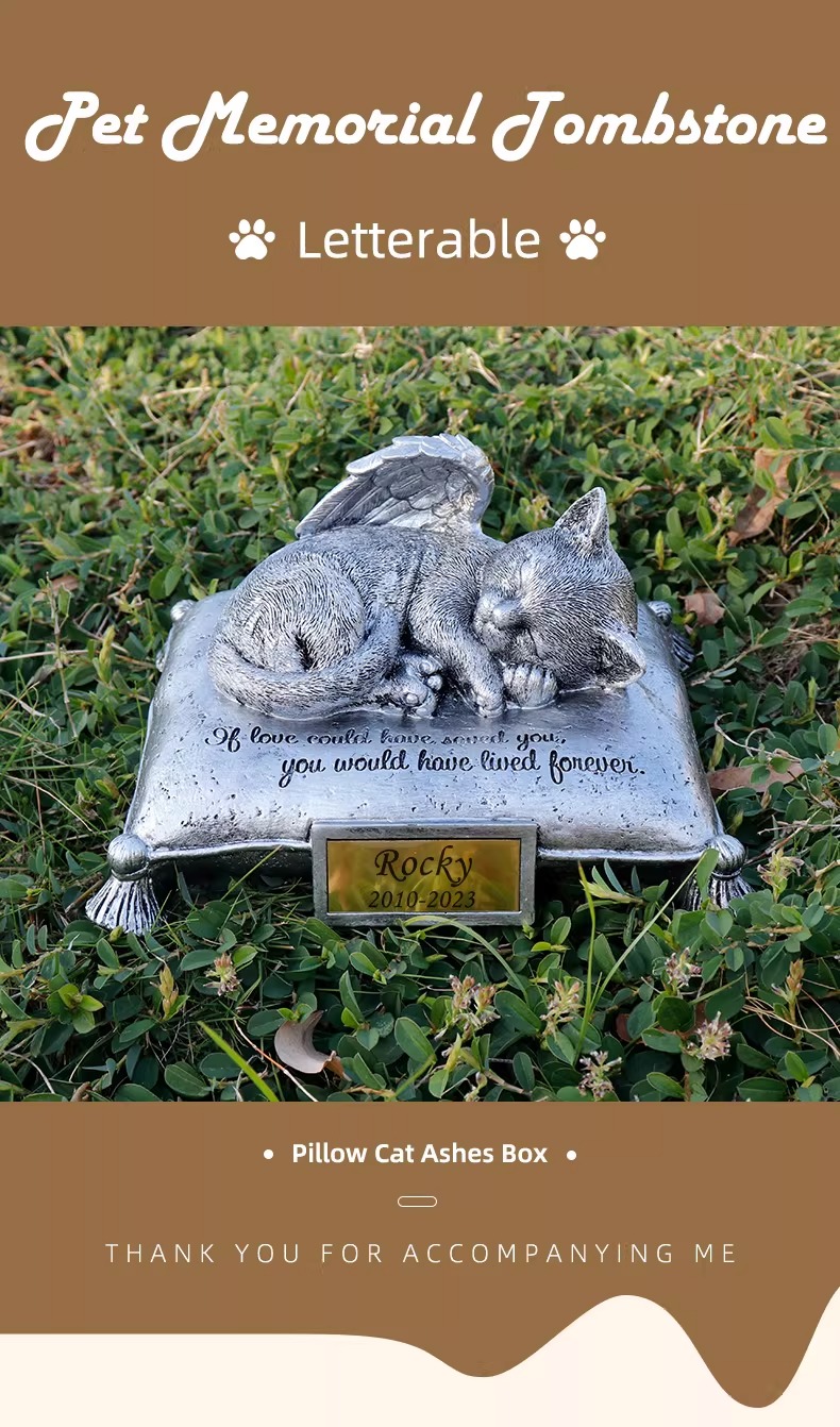 Honor the memory of your beloved feline friend with our Custom Angel Cat Memorial Statue. This touching sculpture captures a peaceful cat sleeping on a pillow, with delicate angel wings gracefully resting behind&mdash;a beautiful symbol of eternal peace and heavenly comfort . Crafted from high-quality, weather-resistant resin, this memorial is designed for both indoor display and outdoor garden placement . Fully personalizable with laser engraving, you can include your cat's name, dates, and a heartfelt message on the base. Whether placed in a memorial garden, by a favorite sunny spot, or alongside a cremation urn, this sleeping angel cat figurine offers a comforting tribute to the companion who brought so much joy to your life .