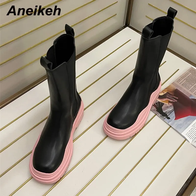 Aneikeh Spring Botines Mujer 2021 Bordered Platform Mid-Calf Women Shoes Chelsea Boots Fashion MATURE Squared Heel Size 35-39