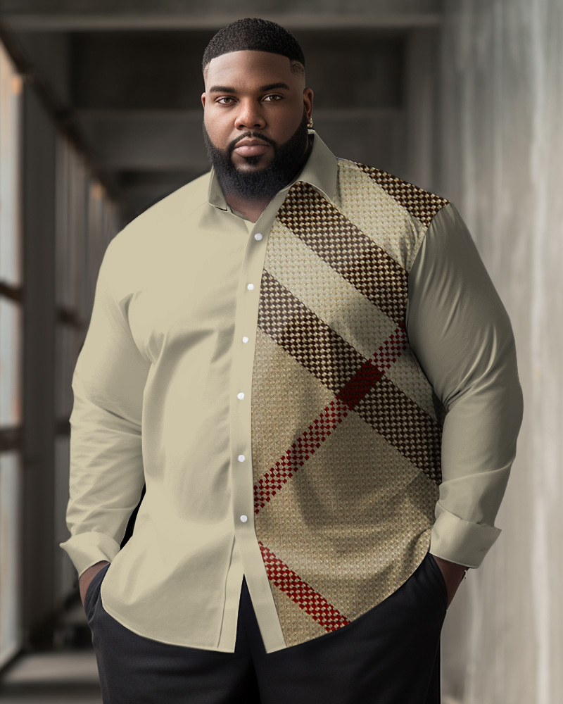 Plus Size Men's Casual Simple Lattice Stitching Print Lapel Long Sleeve Shirt