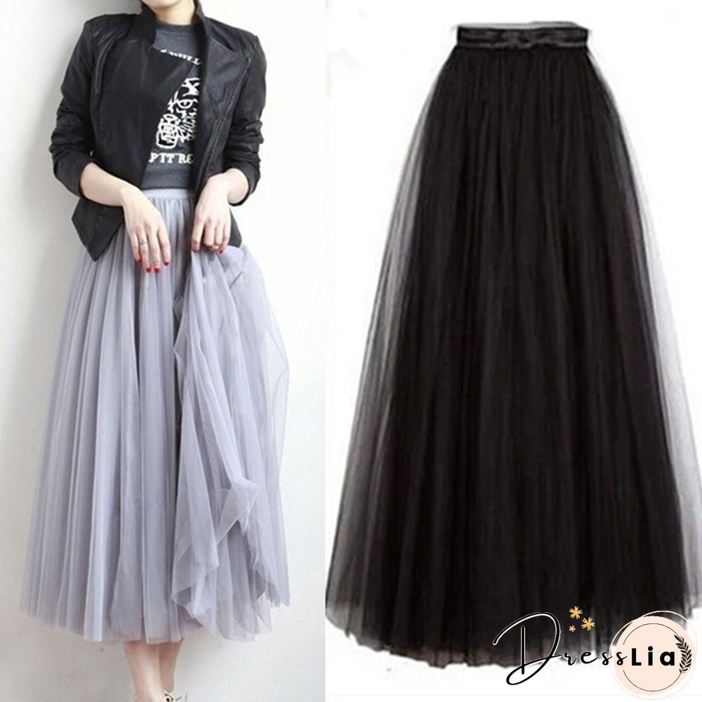 Three-Layer Fashion Tulle Skirts Women Summer Elastic High Waist Long Mesh Skirt Maxi Pleated Skirt