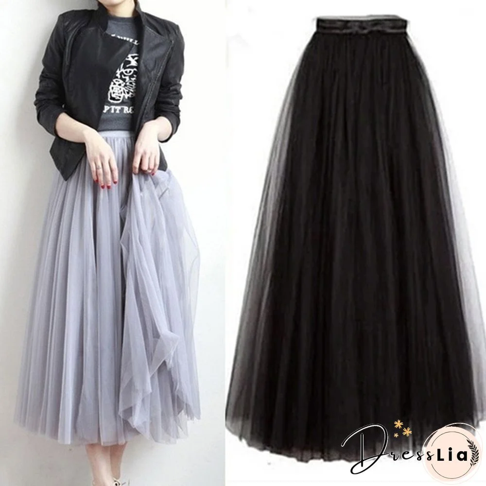 Three-Layer Fashion Tulle Skirts Women Summer Elastic High Waist Long Mesh Skirt Maxi Pleated Skirt