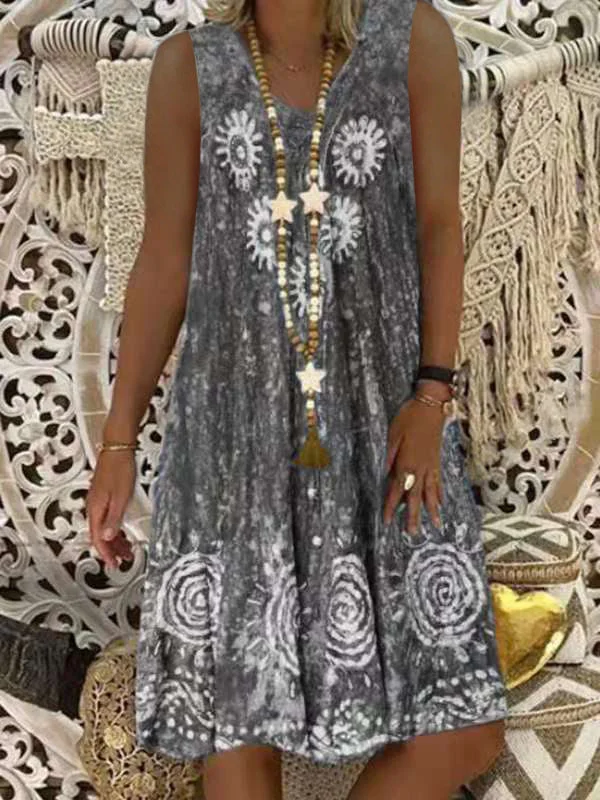 Women's Floral Printed Sleeveless V-neck Midi Dress