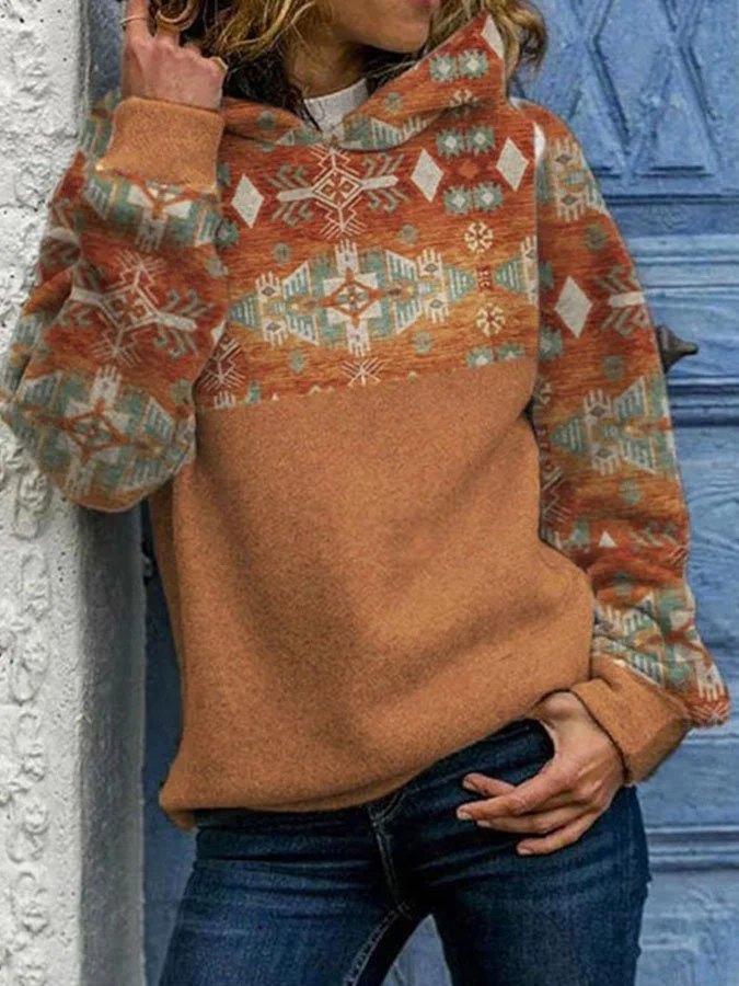 Western Ethnic Print Long Sleeve Casual Hoodie