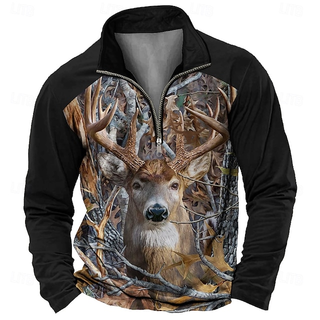 Men's Vintage Hunt 3D Print Deer Zip Polo Shirt Zip Outdoor Pullover