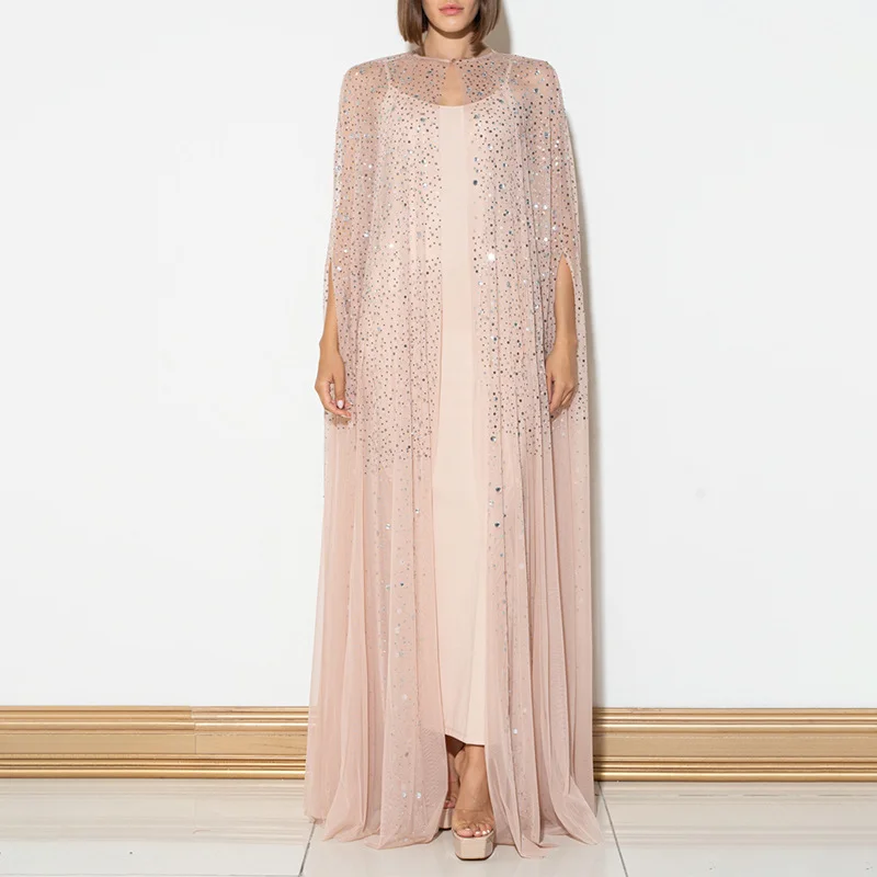 Zingj French Temperament Famous Wind 2025 Summer New Cape 镶钻钻 High-End Fashion Mesh Splicing Dress Dress Woman