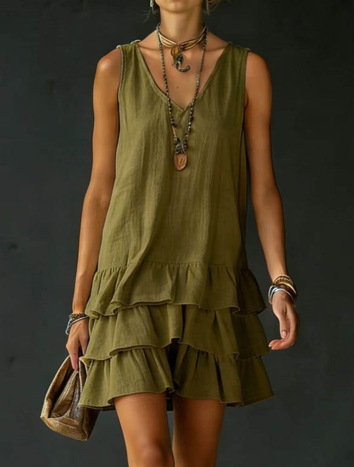 Women&rsquo;s Sleeveless V-Neck Loose Tiered Ruffle Hem Solid Casual Mini Dress