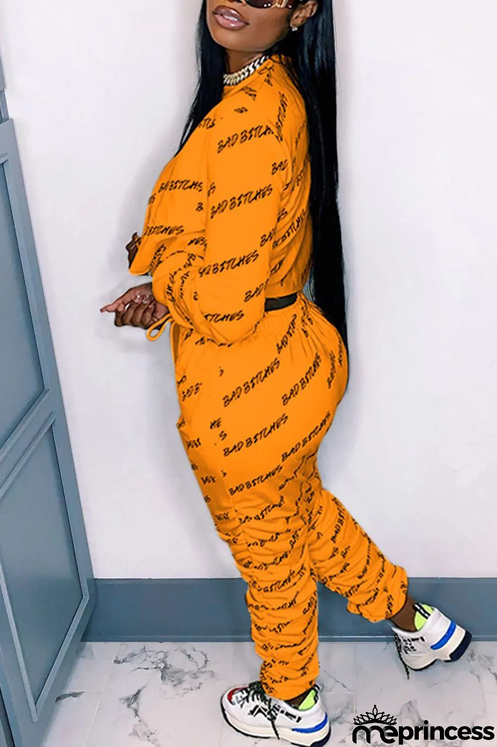 Red Street Print Fold O Neck Long Sleeve Two Pieces