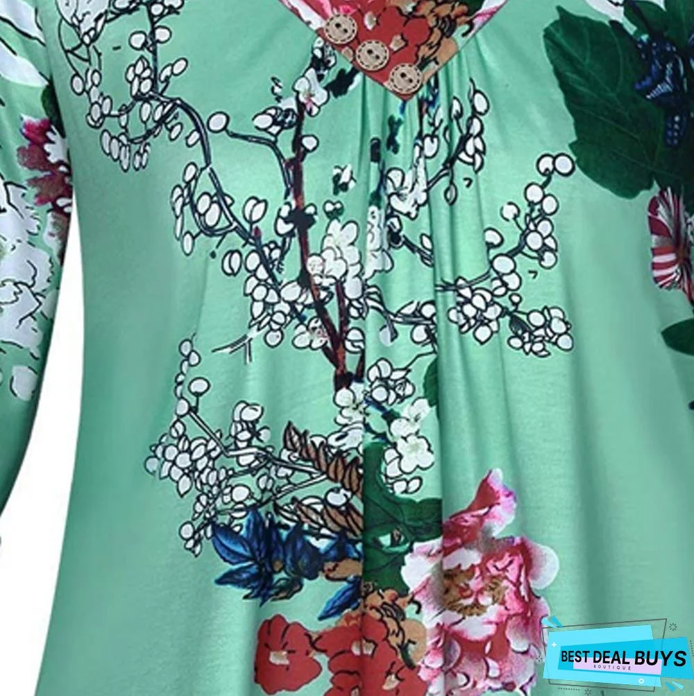 Plus Size Women Tunic Shirt Floral Print V-neck Blouses and Tops