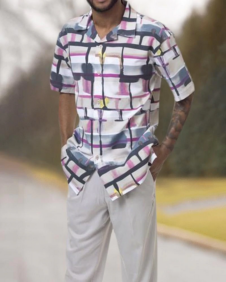 Two Piece Short Sleeve Print Walking Suit Set With Long Pants