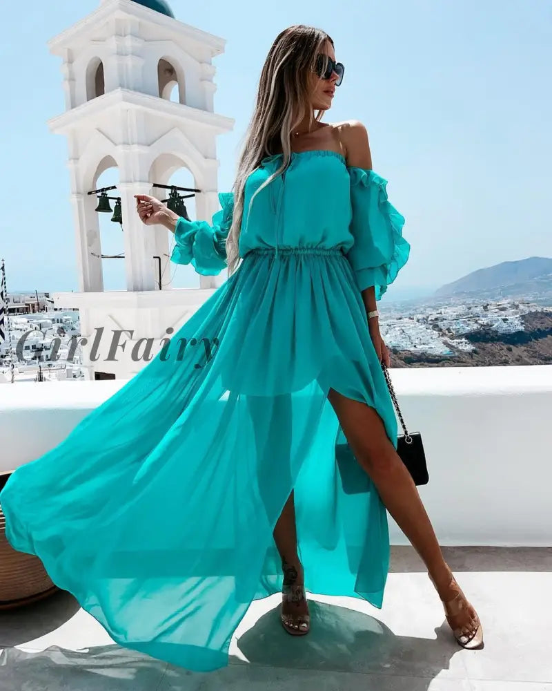 Girlfairy New Bohemian Long Dress Women Off Shoulder Chiffon Lace-Up Solid Color Ruffle Beachwear