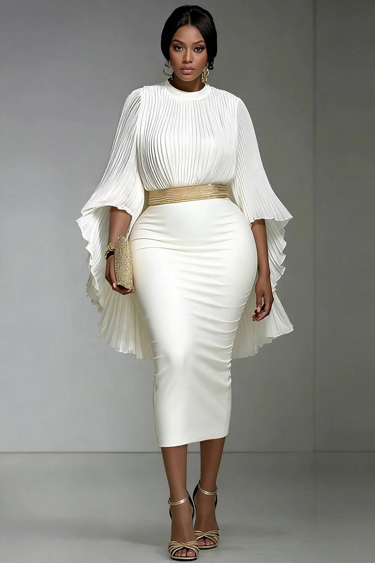 Xpluswear Design Plus Size Business Casual Chiffon White Round Neck Flare 3/4 Sleeve Pleated Bodycon Satin Two Piece Skirt Sets [Pre-Order] 2024 - Xpluswear