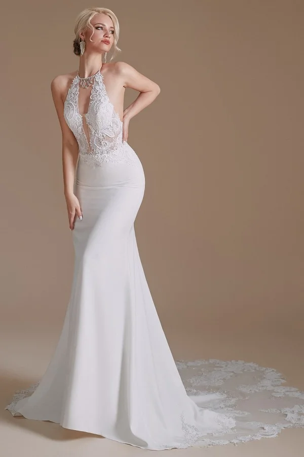 Daisda Modest Long Mermaid Halter Backless Satin Wedding Dresses With Appliques Lace