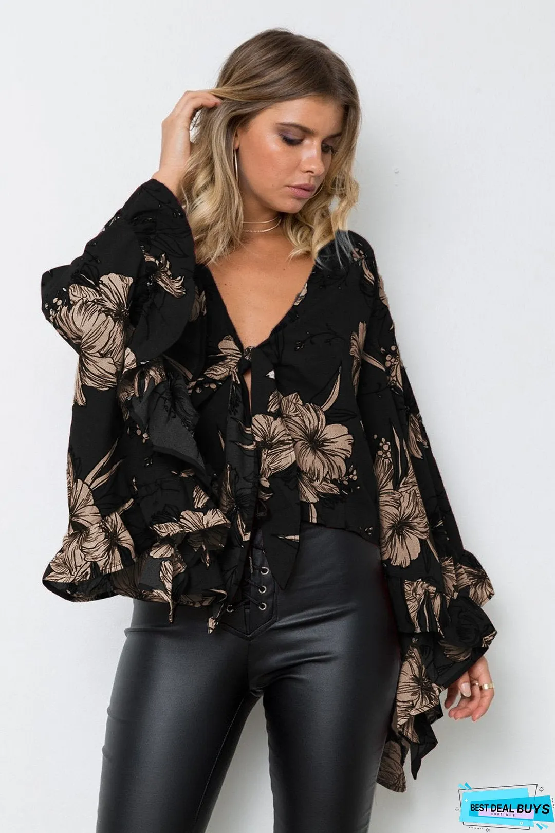 Flared Sleeve Ruffled Irregular V-Neck Top