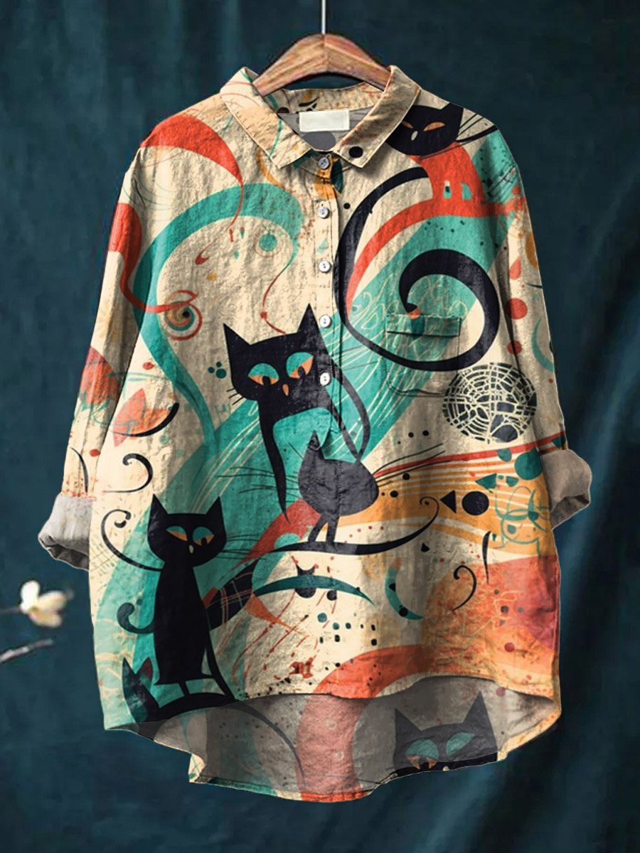Vintage Funny Cats Art Print Casual Cotton And Linen Shirt