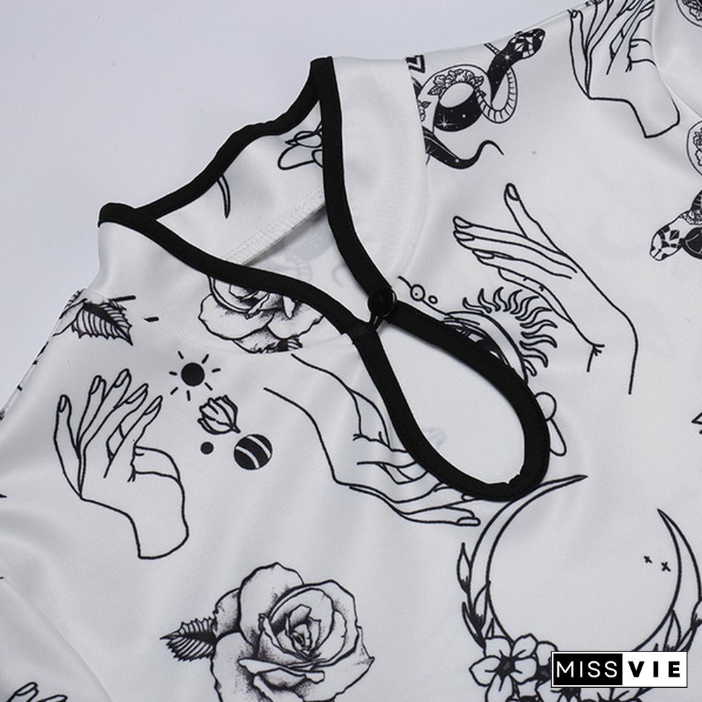 Women's Vintage Cheongsam Print Dress Floral White Short Sleeve High Waist Skinny Mini Dress Party Slit Cheongsam