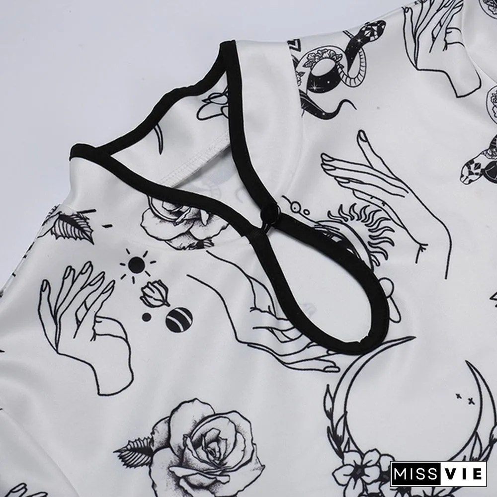 Women's Vintage Cheongsam Print Dress Floral White Short Sleeve High Waist Skinny Mini Dress Party Slit Cheongsam