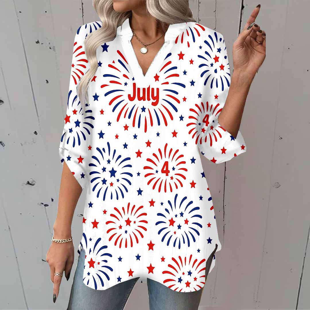 Women  Independence Day, Star, Striped, Blue, Red DZGA0234 3/4 Sleeve V-neck Printed Graphic Button Tops