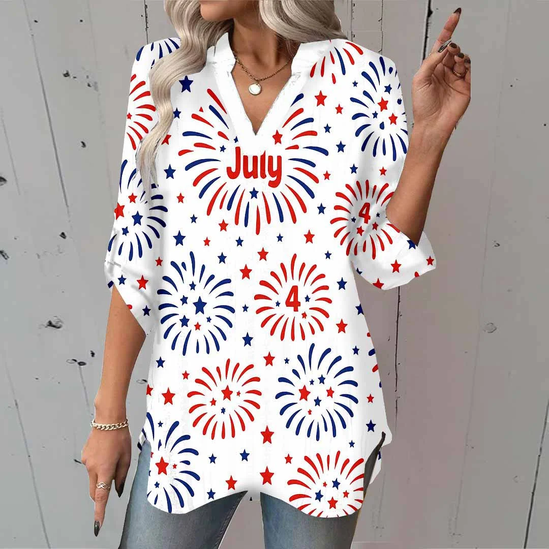 Women  Independence Day, Star, Striped, Blue, Red DZGA0234 3/4 Sleeve V-neck Printed Graphic Button Tops