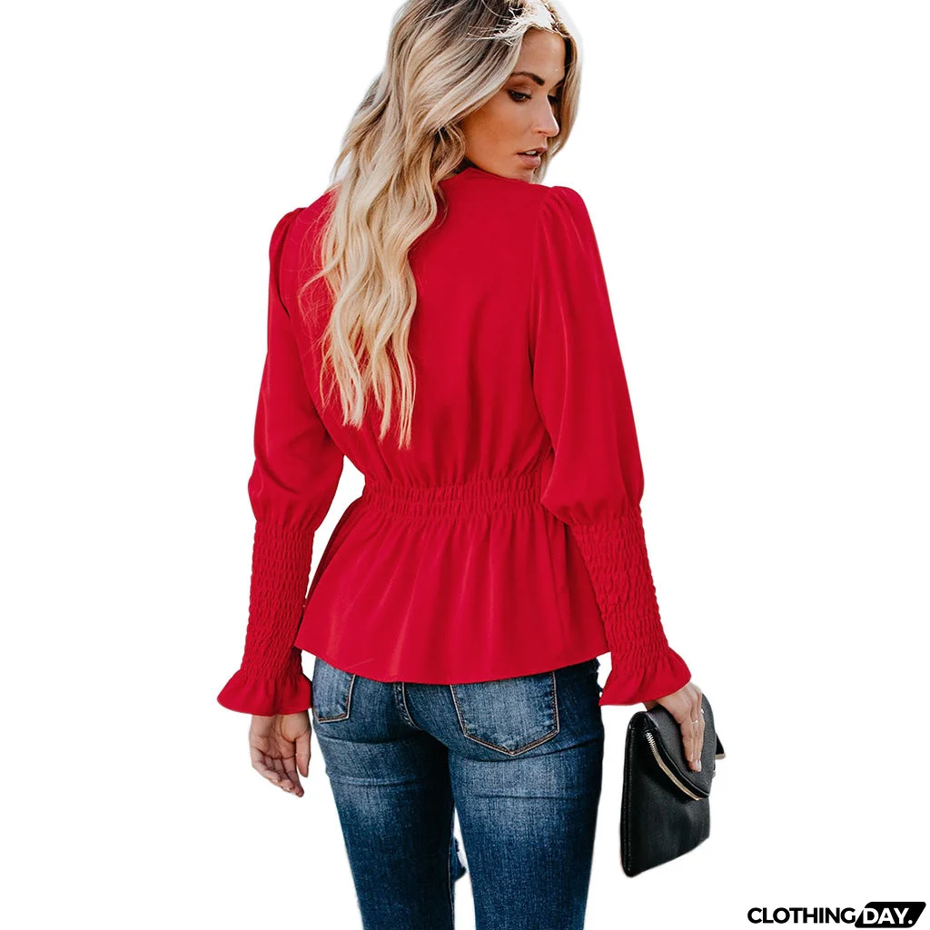 Casual V-Neck Long-Sleeved Shirt Top