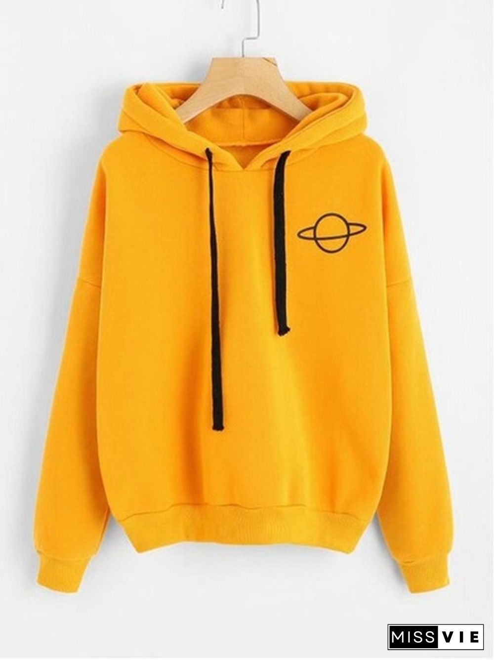 Print Planet Hoodie Women Spring Autumn Yellow Pullovers Ladies Solid Color Drawstring