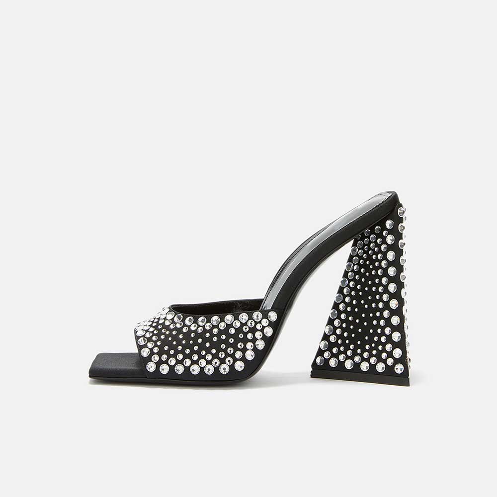 Black Satin Square Toe Chunky Heel Rhinestone Wide Band Mules Nicepairs