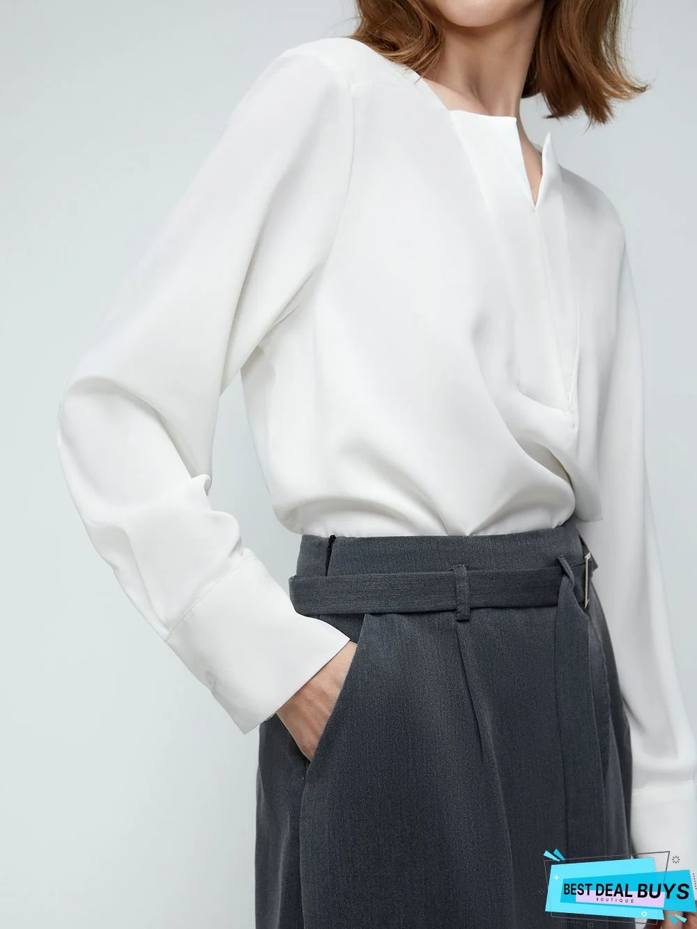 White Daily Long sleeve Plain V Neck Simple Blouse